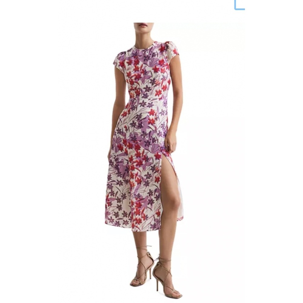 NWT Reiss Livia Printed Midi Dress Purple Red Floral Open Back Size Womens 2